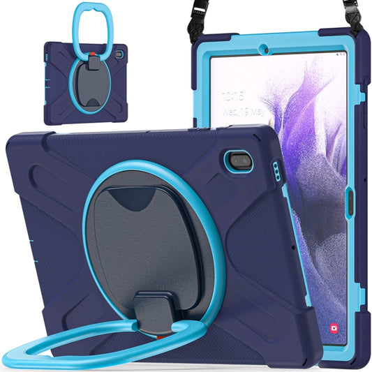 For Samsung Galaxy Tab S7 FE T730 Silicone + PC Protective Case with Holder & Shoulder Strap(Navy Blue + Blue) by buy2fix