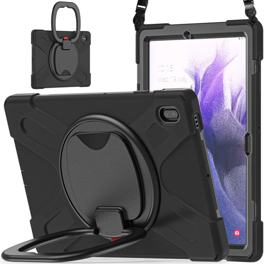For Samsung Galaxy Tab S7 FE T730 Silicone + PC Protective Case with Holder & Shoulder Strap(Black+Black) by buy2fix