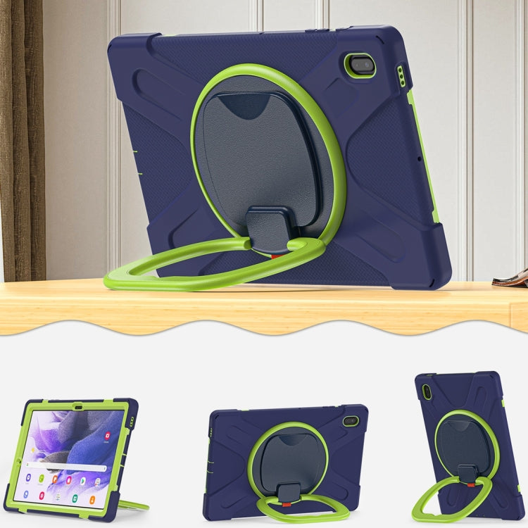 For Samsung Galaxy Tab S7 FE T730 Silicone + PC Protective Case with Holder & Shoulder Strap(Navy Blue + Lime) by buy2fix