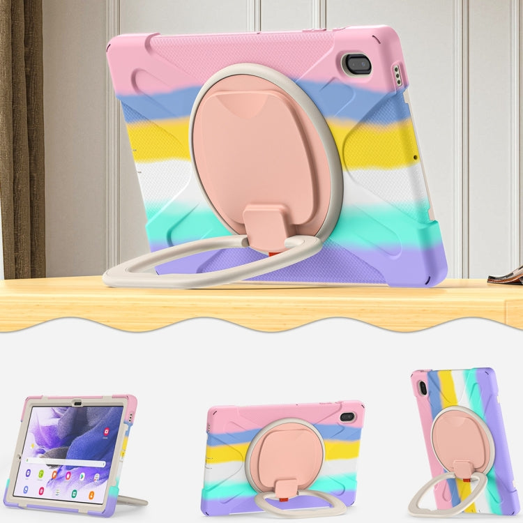 For Samsung Galaxy Tab S7 FE T730 Silicone + PC Protective Case with Holder & Shoulder Strap(Colorful Pink) by buy2fix
