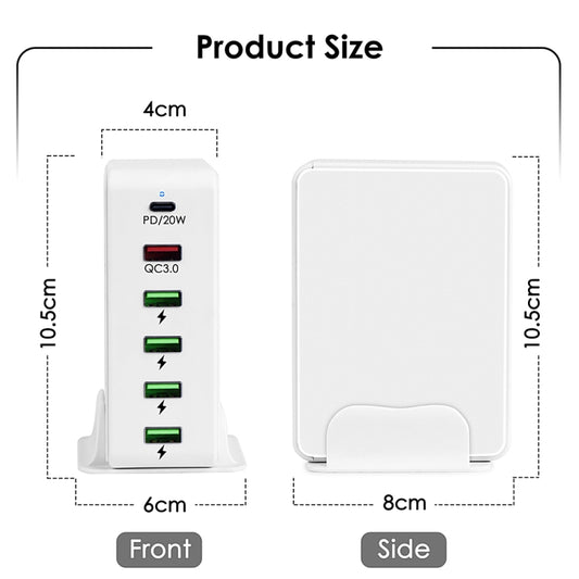 6 in 1 65W PD USB-C / Type-C + QC 3.0 USB + 4 USB Multi-port Travel Charger, AU Plug(White) by buy2fix