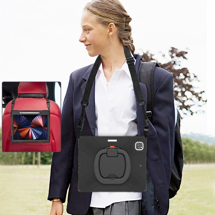 For iPad Pro 12.9 2022 / 2021 Silicone + PC Protective Tablet Case with Holder & Shoulder Strap(Black+Black) by buy2fix