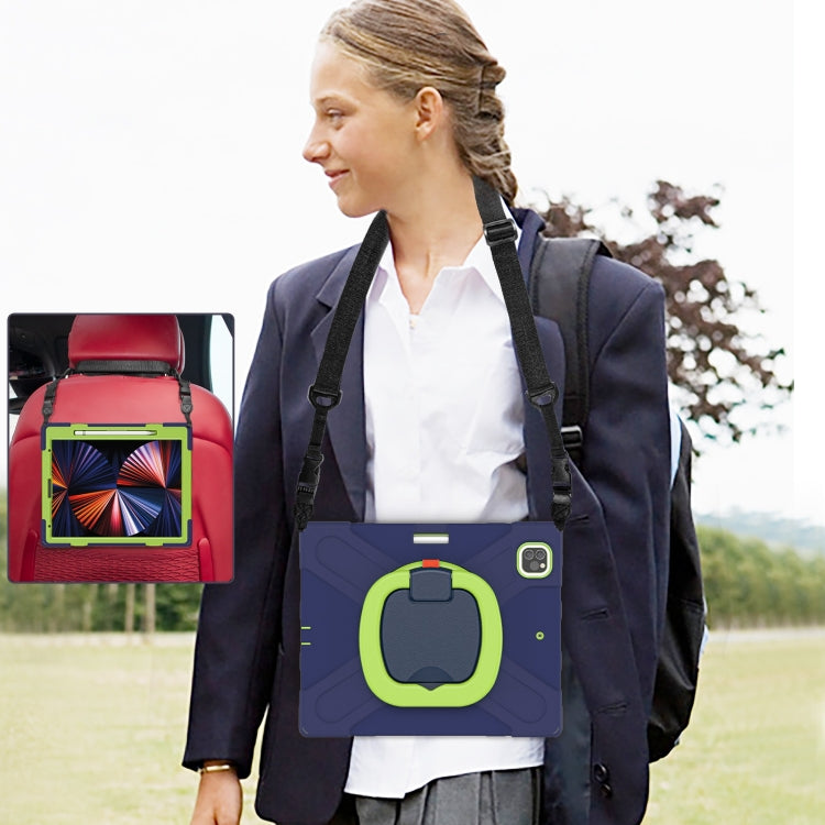 For iPad Pro 12.9 2022 / 2021 Silicone + PC Protective Tablet Case with Holder & Shoulder Strap(Navy Blue + Lime) by buy2fix