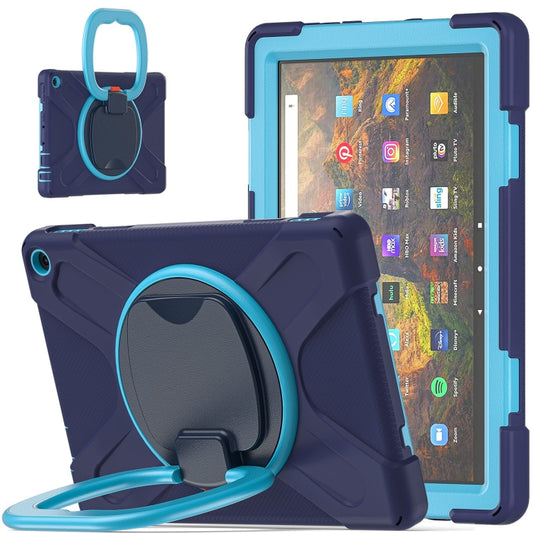 Silicone + PC Protective Case with Holder & Shoulder Strap For Amazon Kindle Fire HD 10 2021(Navy Blue + Blue) by buy2fix