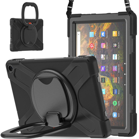 Silicone + PC Protective Case with Holder & Shoulder Strap For Amazon Kindle Fire HD 10 2021(Black+Black) by buy2fix