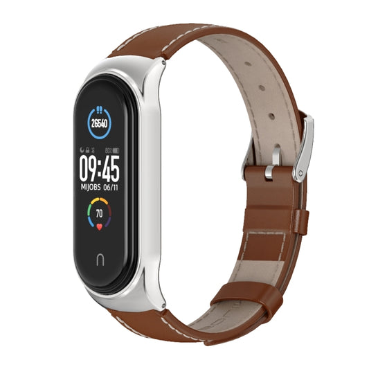 For Xiaomi Mi Band 6 / 5 / 4 / 3 Mijobs CS First Layer Cowhide Watch Band(Brown + Silver) by MIJOBS