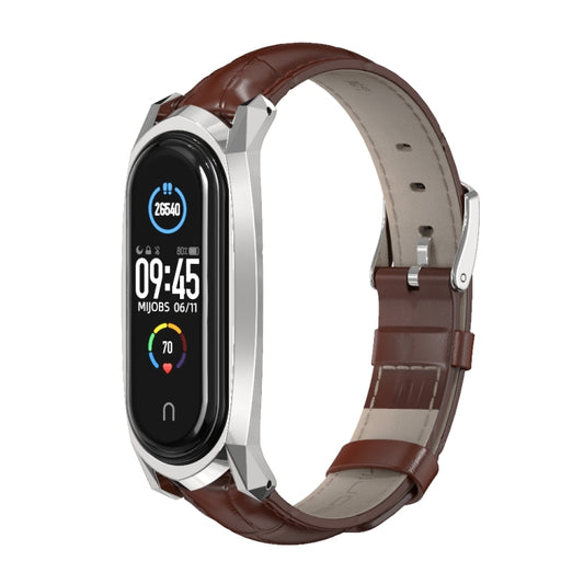 For Xiaomi Mi Band 6 / 5 / 4 / 3 Mijobs GT First Layer Cowhide Watch Band(Bamboo Joint Coffee+Silver) by MIJOBS