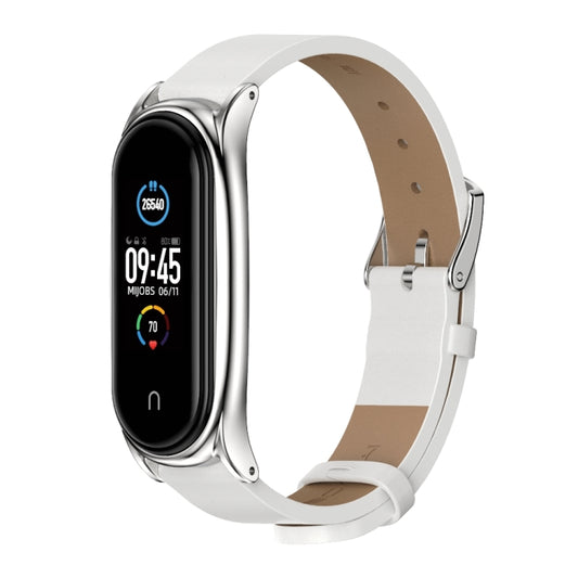 For Xiaomi Mi Band 6 / 5 / 4 / 3 Mijobs Metal Case Crazy Horse Texture PU Microfiber Plus Watch Band(White Silver) by MIJOBS