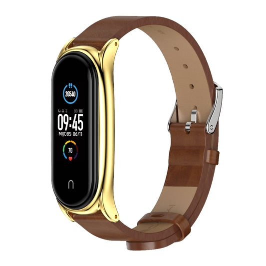 For Xiaomi Mi Band 6 / 5 / 4 / 3 Mijobs Metal Case Crazy Horse Texture PU Microfiber Plus Watch Band(Brown Gold) by MIJOBS