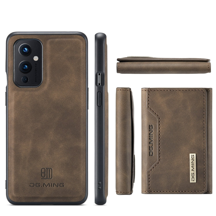 For OnePlus 9 (EU/NA) DG.MING M2 Series 3-Fold Multi Card Bag Back Cover Shockproof Case with Wallet & Holder Function(Coffee) by DG.MING