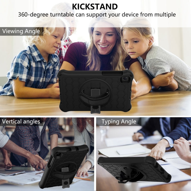 For Samsung Galaxy Tab A7 Lite 8.7 2021 T220 / T225 360 Degree Rotation Honeycomb Shockproof Silicone PC Protective Case with Holder & Shoulder Strap & Hand Strap(Black) by buy2fix