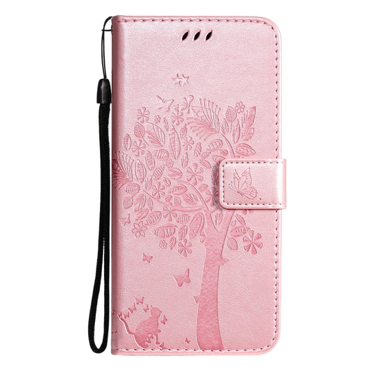For Huawei P50 Pro Tree & Cat Pattern Pressed Printing Horizontal Flip PU Leather Case with Holder & Card Slots & Wallet & Lanyard(Rose Gold) by buy2fix