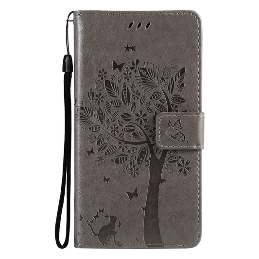 For Huawei P50 Pro Tree & Cat Pattern Pressed Printing Horizontal Flip PU Leather Case with Holder & Card Slots & Wallet & Lanyard(Grey) by buy2fix