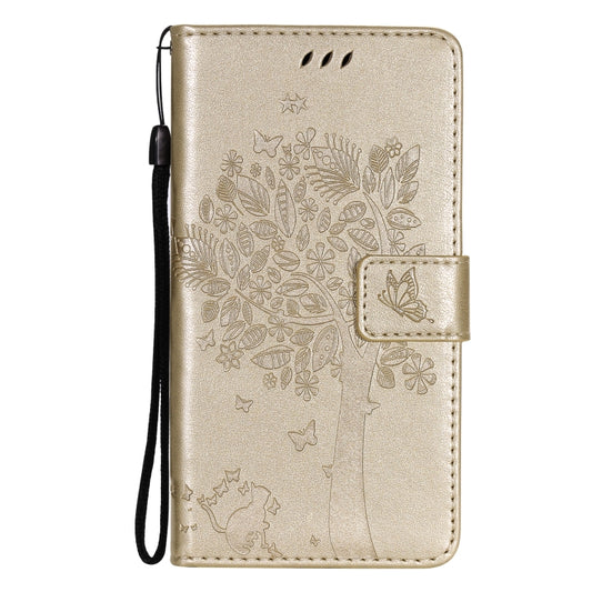 For Huawei P50 Pro Tree & Cat Pattern Pressed Printing Horizontal Flip PU Leather Case with Holder & Card Slots & Wallet & Lanyard(Gold) by buy2fix