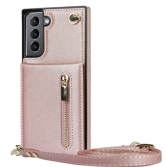 For Samsung Galaxy S21 5G Cross-body Zipper Square TPU+PU Back Cover Case with Holder & Card Slots & Wallet & Strap(Rose Gold) by buy2fix
