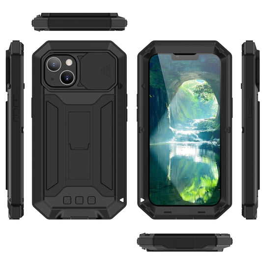 For iPhone 13 R-JUST Sliding Camera Shockproof Life Waterproof Dust-proof Metal + Silicone Protective Case with Holder(Black) by R-JUST