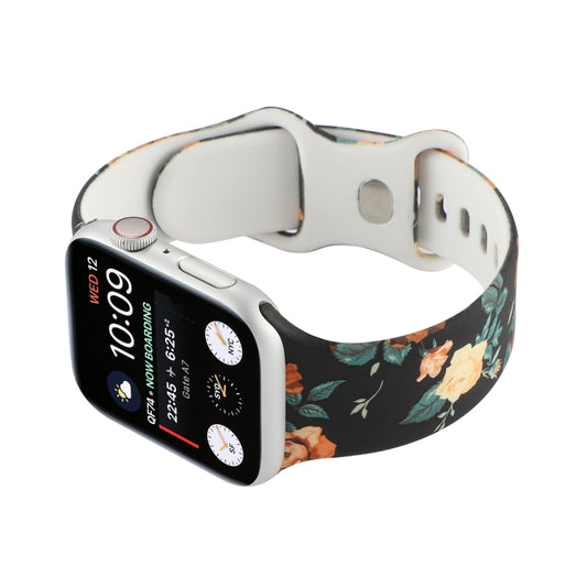 8-buckle Printed Strap Watch Band For Apple Watch Series 9&8&7 41mm / SE 3&SE 2&6&SE&5&4 40mm / 3&2&1 38mm(Black Background Rose) by buy2fix