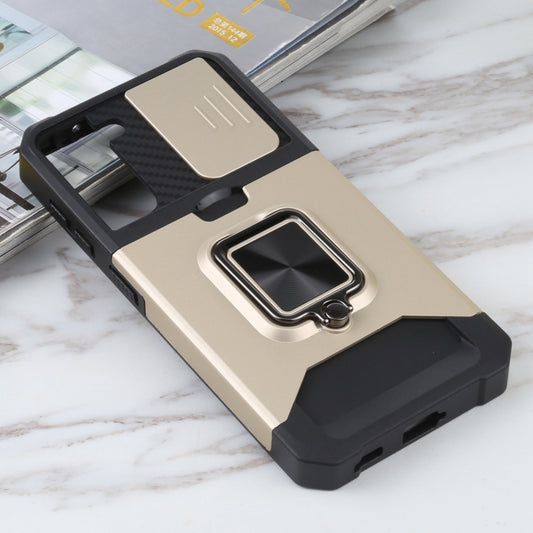 For Samsung Galaxy S21 5G Sliding Camera Cover Design PC + TPU Shockproof Case with Ring Holder & Card Slot(Gold) by buy2fix