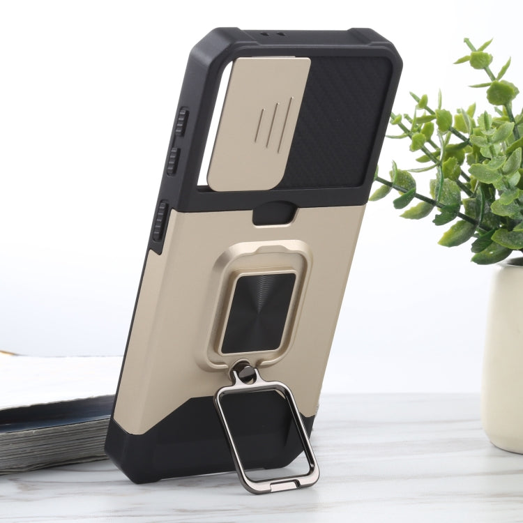For Samsung Galaxy S21 5G Sliding Camera Cover Design PC + TPU Shockproof Case with Ring Holder & Card Slot(Gold) by buy2fix