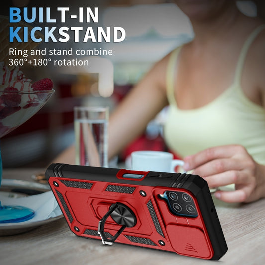 For Samsung Galaxy A12 Sliding Camera Cover Design TPU + PC Protective Case with 360 Degree Rotating Holder & Card Slot(Red+Black) by buy2fix