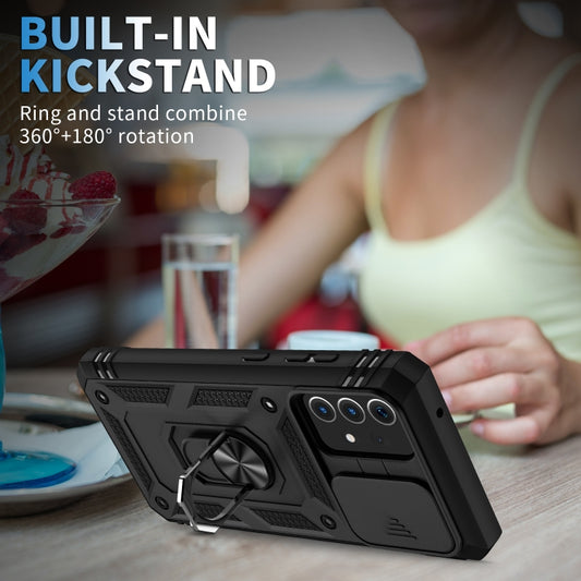 For Samsung Galaxy A52 Sliding Camera Cover Design TPU + PC Protective Case with 360 Degree Rotating Holder & Card Slot(Black+Black) by buy2fix