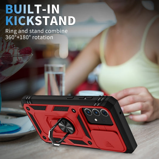 For Samsung Galaxy A52 Sliding Camera Cover Design TPU + PC Protective Case with 360 Degree Rotating Holder & Card Slot(Red+Black) by buy2fix