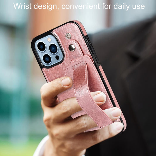For iPhone 13 Pro Max Crazy Horse Texture Shockproof TPU + PU Leather Case with Card Slot & Wrist Strap Holder (Rose Gold) by buy2fix