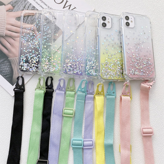 For iPhone 13 Gradient Glitter Powder Epoxy TPU Thickened Acrylic Shockproof Case with Wide Neck Lanyard(Black) by buy2fix