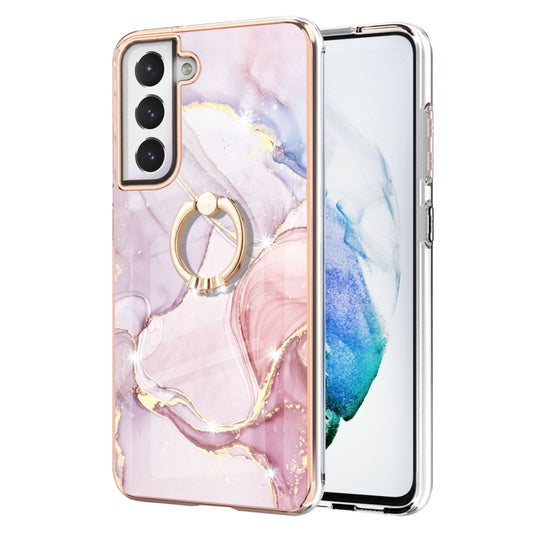 For Samsung Galaxy S21 FE 5G Electroplating Marble Pattern IMD TPU Shockproof Case with Ring Holder(Rose Gold 005) by buy2fix