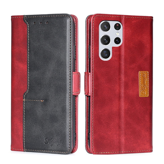 For Samsung Galaxy S22 Ultra 5G Retro Texture Contrast Color Side Buckle Horizontal Flip Leather Case with Holder & Card Slots & Wallet(Red) by buy2fix