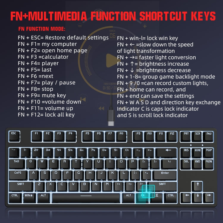 HXSJ L600 87 Keys USB-C / Type-C Wired Red Shaft Mechanical Keyboard with Cool Backlight(White) by HXSJ