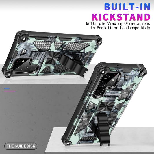 For Samsung Galaxy S22 Ultra 5G Camouflage Armor Shockproof TPU + PC Magnetic Protective Phone Case with Holder(Mint Green) by buy2fix