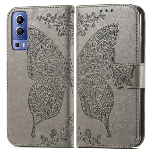 For vivo Y72 5G Butterfly Love Flowers Embossed Horizontal Flip Leather Case with Holder & Card Slots & Wallet & Lanyard(Grey) by buy2fix