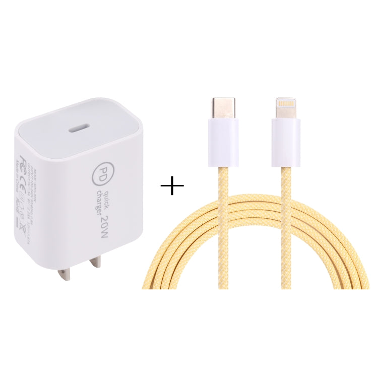 SDC-20W PD USB-C / Type-C Travel Charger + 1m 12W USB-C / Type-C to 8 Pin Data Cable Set, US Plug(Yellow) - USB Charger by buy2fix | Online Shopping UK | buy2fix