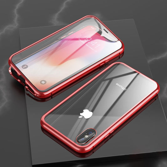 For iPhone XR Ultra Slim Double Sides Magnetic Adsorption Angular Frame Tempered Glass Magnet Flip Case(Red) by buy2fix
