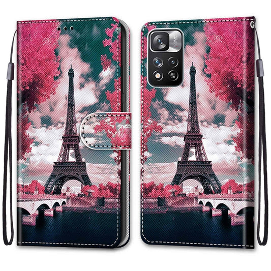 For Xiaomi Redmi Note 11 Pro/11 Pro+ Coloured Drawing Cross Texture Horizontal Flip Leather Phone Case with Holder & Card Slots & Wallet & Lanyard(Pink Flower Tower Bridge) by buy2fix