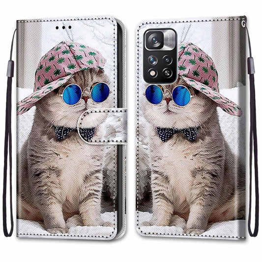 For Xiaomi Redmi Note 11 Pro / 11 Pro+ Global Coloured Drawing Cross Texture Horizontal Flip PU Phone Leather Case with Holder & Card Slots & Wallet & Lanyard(Colorful Layer(Oblique Hat Blue Mirror Cat) by buy2fix