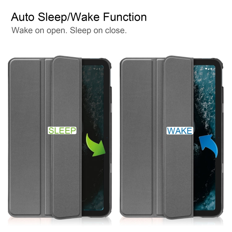 For Nokia T20 Three-folding Holder Custer Texture Leather Tablet Case(Grey) by buy2fix