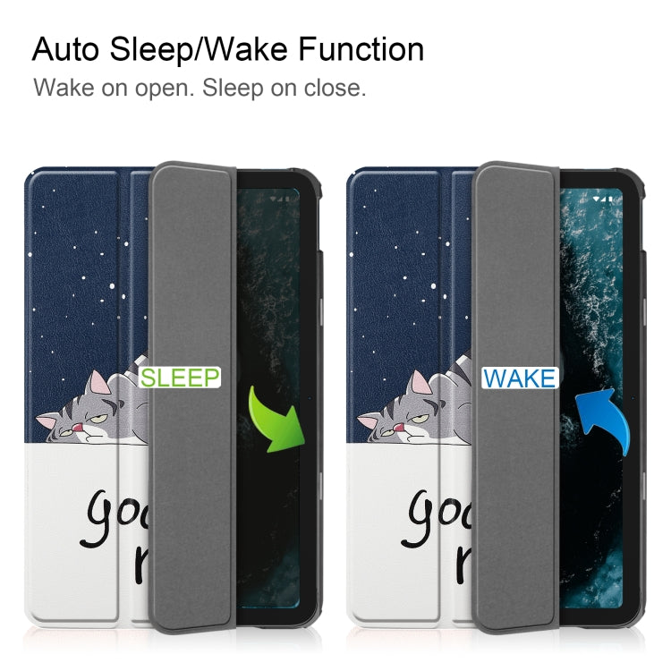 For Nokia T20 Painted Leather Tablet Case with 3-Fold Holder(Lazy Cat) by buy2fix