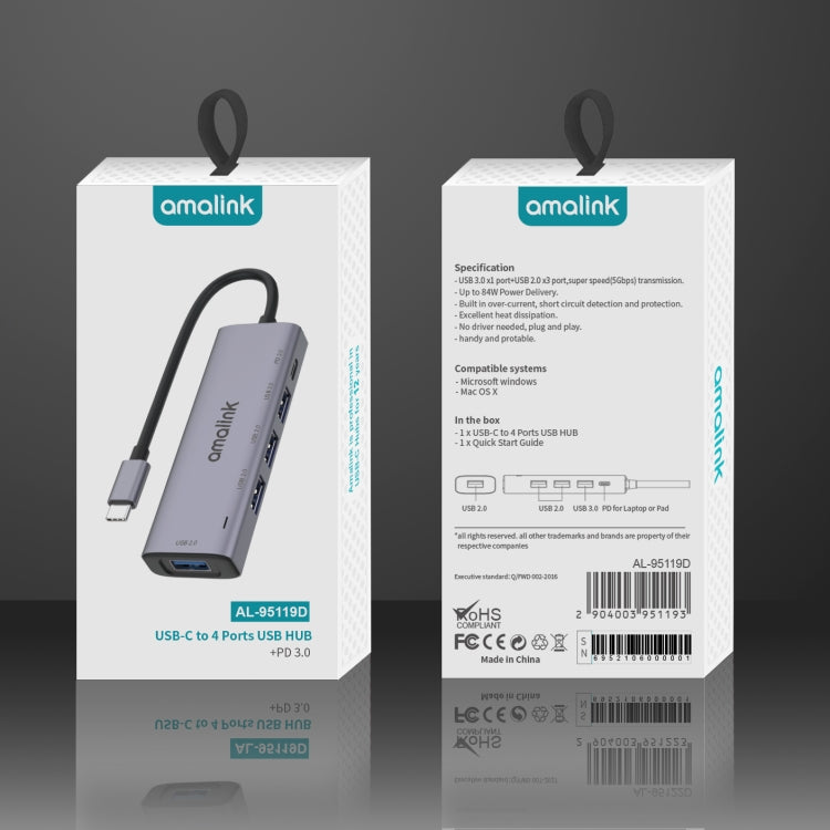 amalink 95119D Type-C / USB-C to 4 Ports USB + PD 3.0 Multi-function HUB Docking Station(Grey) by amalink