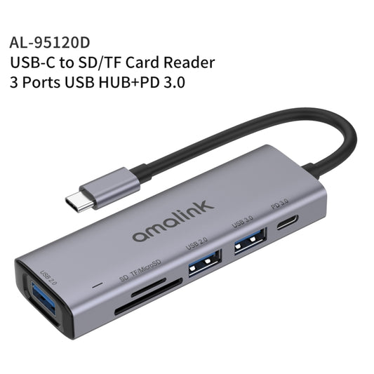 amalink 95120D Type-C / USB-C to SD/TF + 3 Ports USB + PD 3.0 Multi-function HUB (Grey) by amalink