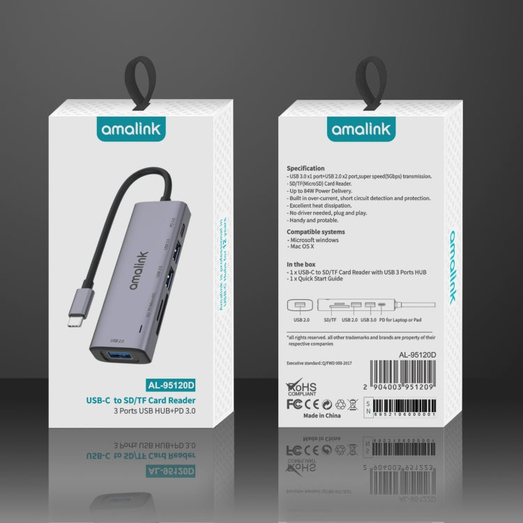 amalink 95120D Type-C / USB-C to SD/TF + 3 Ports USB + PD 3.0 Multi-function HUB (Grey) by amalink