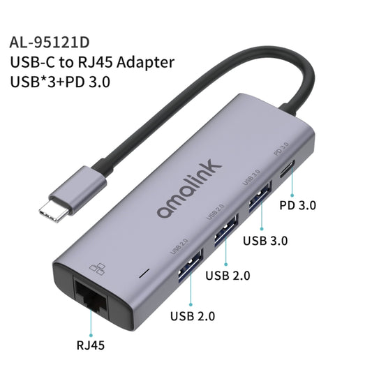 amalink 95121D Type-C / USB-C to RJ45 + 3 Ports USB + PD 3.0 Multi-function HUB(Grey) by amalink