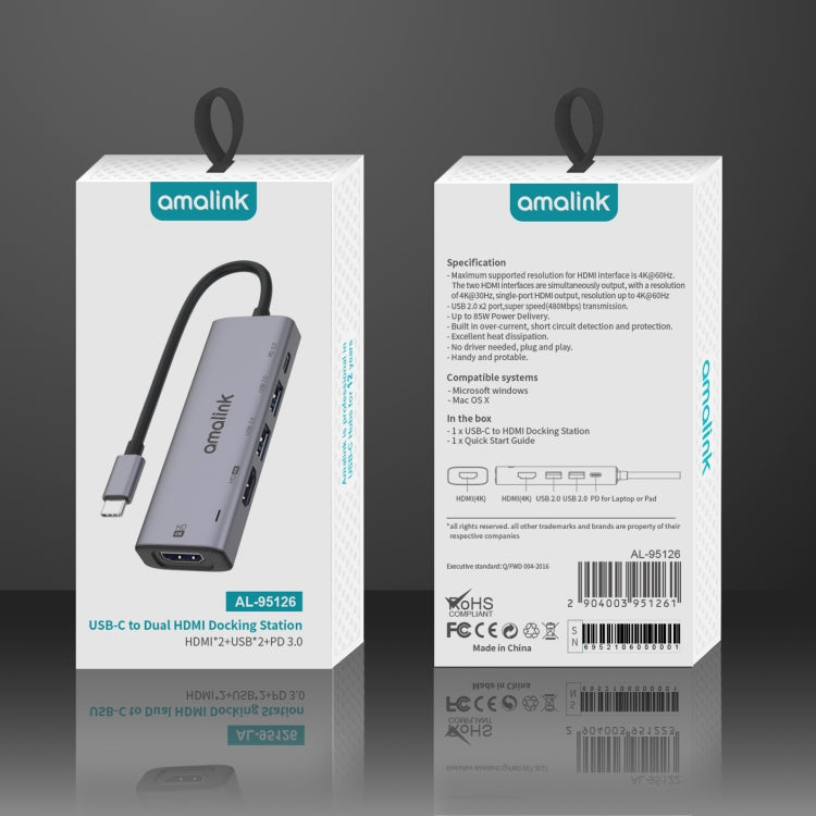 amalink 95126 Type-C / USB-C to Dual HDMI + 2 Ports USB + PD 3.0 Multi-function HUB(Grey) by amalink