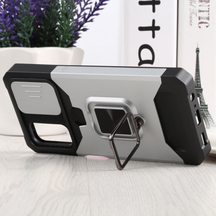 Sliding Camera Cover Design PC + TPU Shockproof Phone Case with Ring Holder & Card Slot For Samsung Galaxy A13 4G/Galaxy A13 5G /Galaxy A13 Lite/Galaxy A04/Galaxy A04S/Galaxy A04E 4G(Silver) by buy2fix