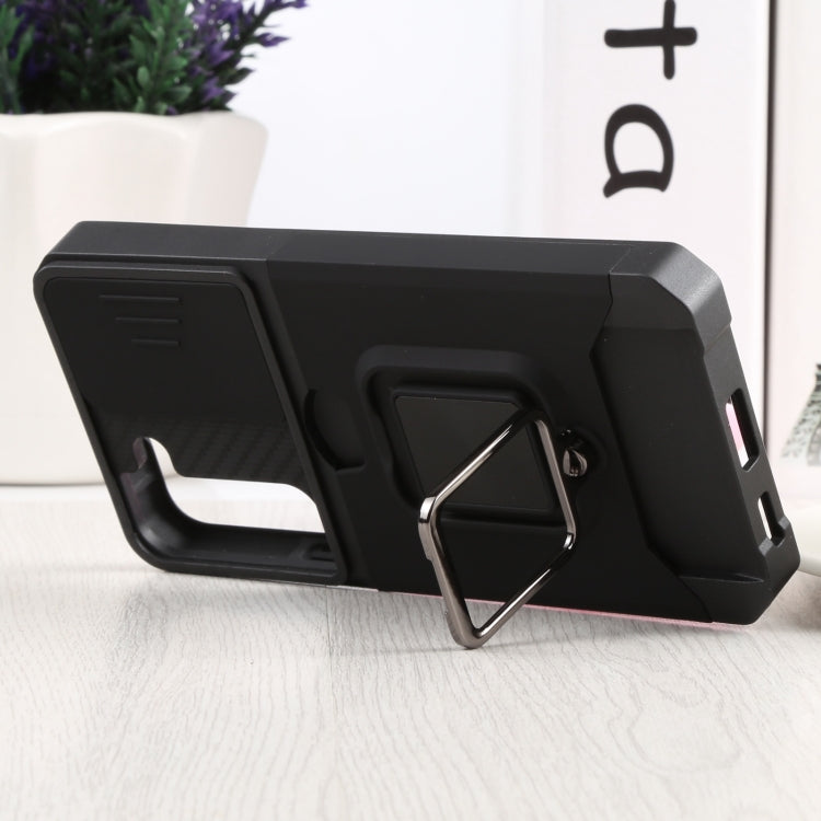 For Samsung Galaxy S22 5G Sliding Camera Cover Design PC + TPU Shockproof Phone Case with Ring Holder & Card Slot(Black) by buy2fix