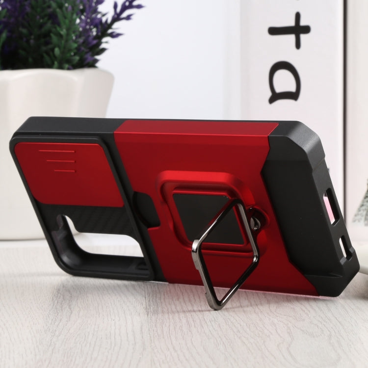 For Samsung Galaxy S22 5G Sliding Camera Cover Design PC + TPU Shockproof Phone Case with Ring Holder & Card Slot(Red) by buy2fix