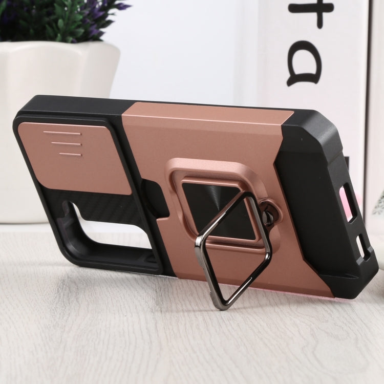 For Samsung Galaxy S22 5G Sliding Camera Cover Design PC + TPU Shockproof Phone Case with Ring Holder & Card Slot(Rose Gold) by buy2fix