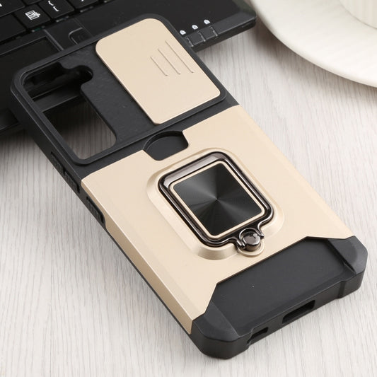 For Samsung Galaxy S22 5G Sliding Camera Cover Design PC + TPU Shockproof Phone Case with Ring Holder & Card Slot(Gold) by buy2fix