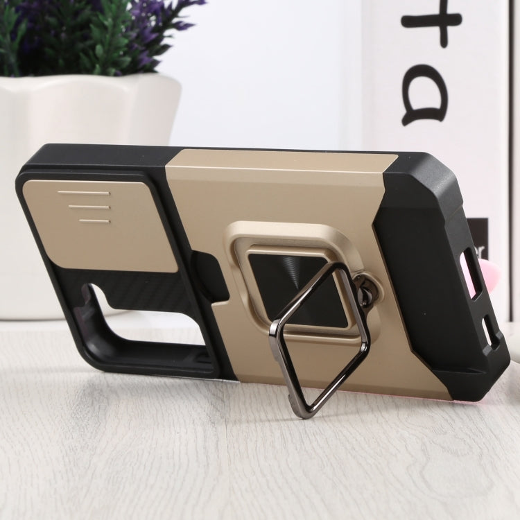 For Samsung Galaxy S22 5G Sliding Camera Cover Design PC + TPU Shockproof Phone Case with Ring Holder & Card Slot(Gold) by buy2fix
